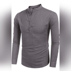Large Cotton Linen Half Button Henley Long Sleeve Shirt